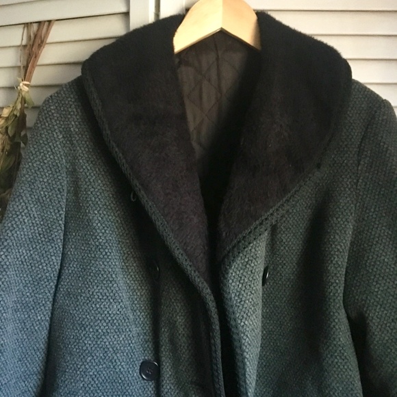 {Vintage} Dark Teal Fuzzy Collar Pea Coat, M/L - Picture 3 of 8